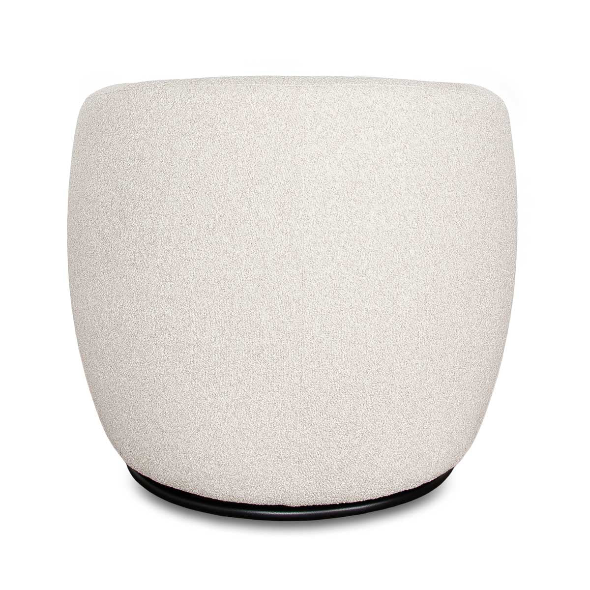 Back view of the Milo swivel chair highlighting the continuous smooth upholstery and rounded silhouette.