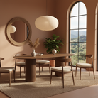 Dining room with wooden table and chairs, large window, and decorative elements.