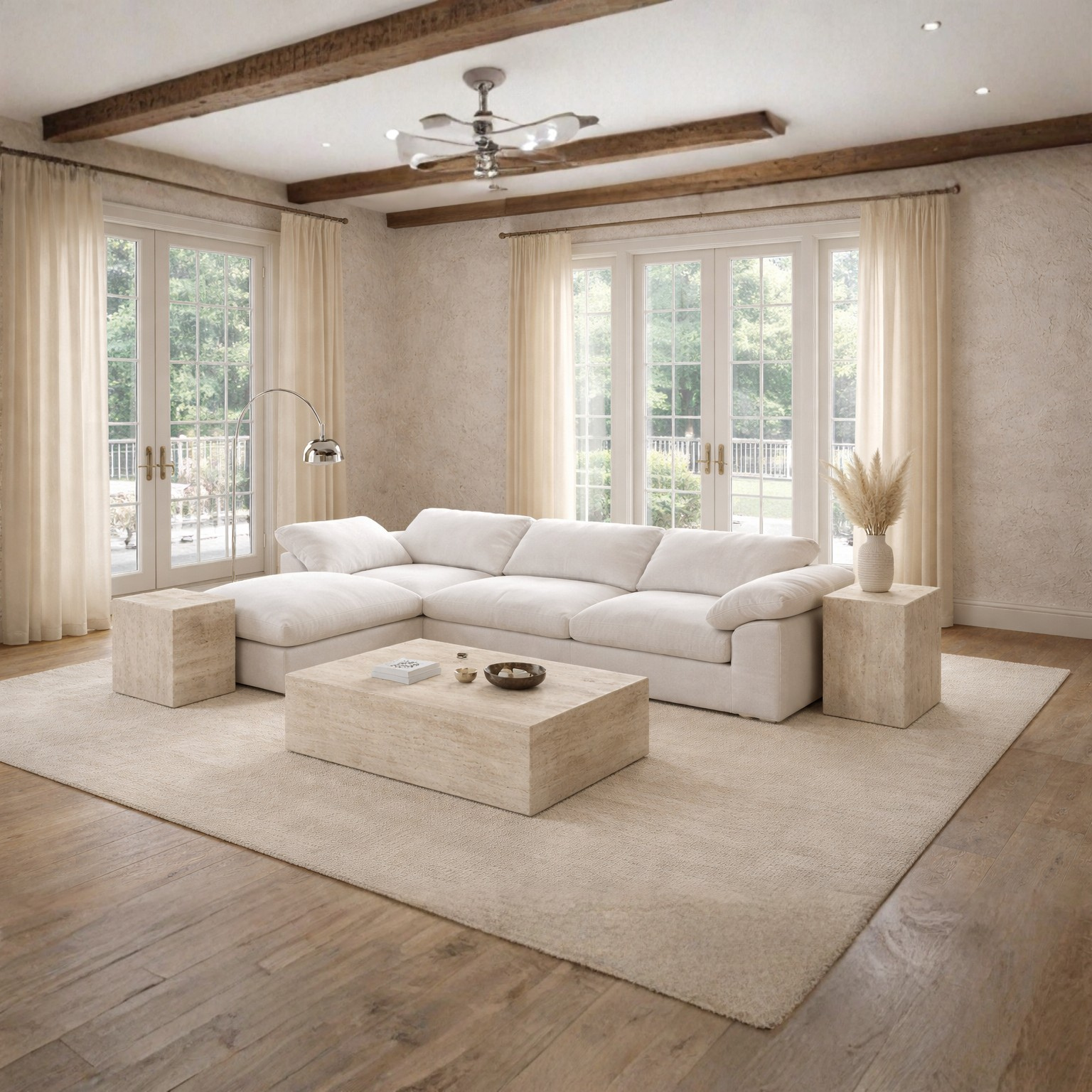 Modern living room with a white sectional sofa, travertine pattern beige coffee table, and large windows.