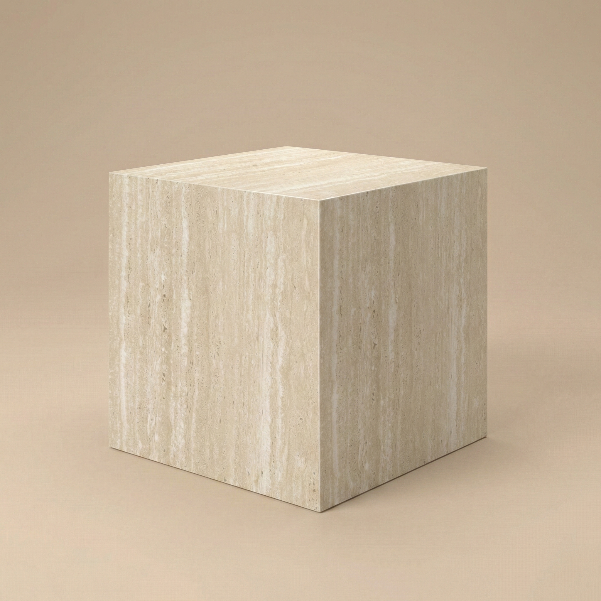Beige cube-shaped travertine pattern table on a beige background