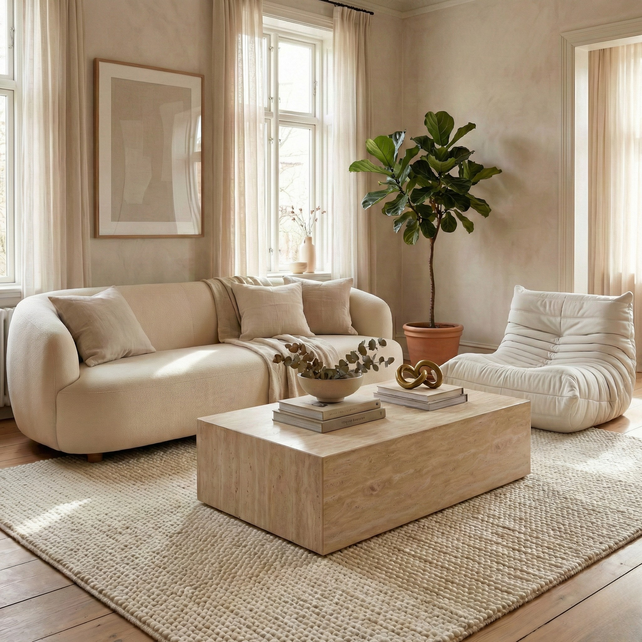 Beige sofa with a block travertine look coffee table in a living room setting