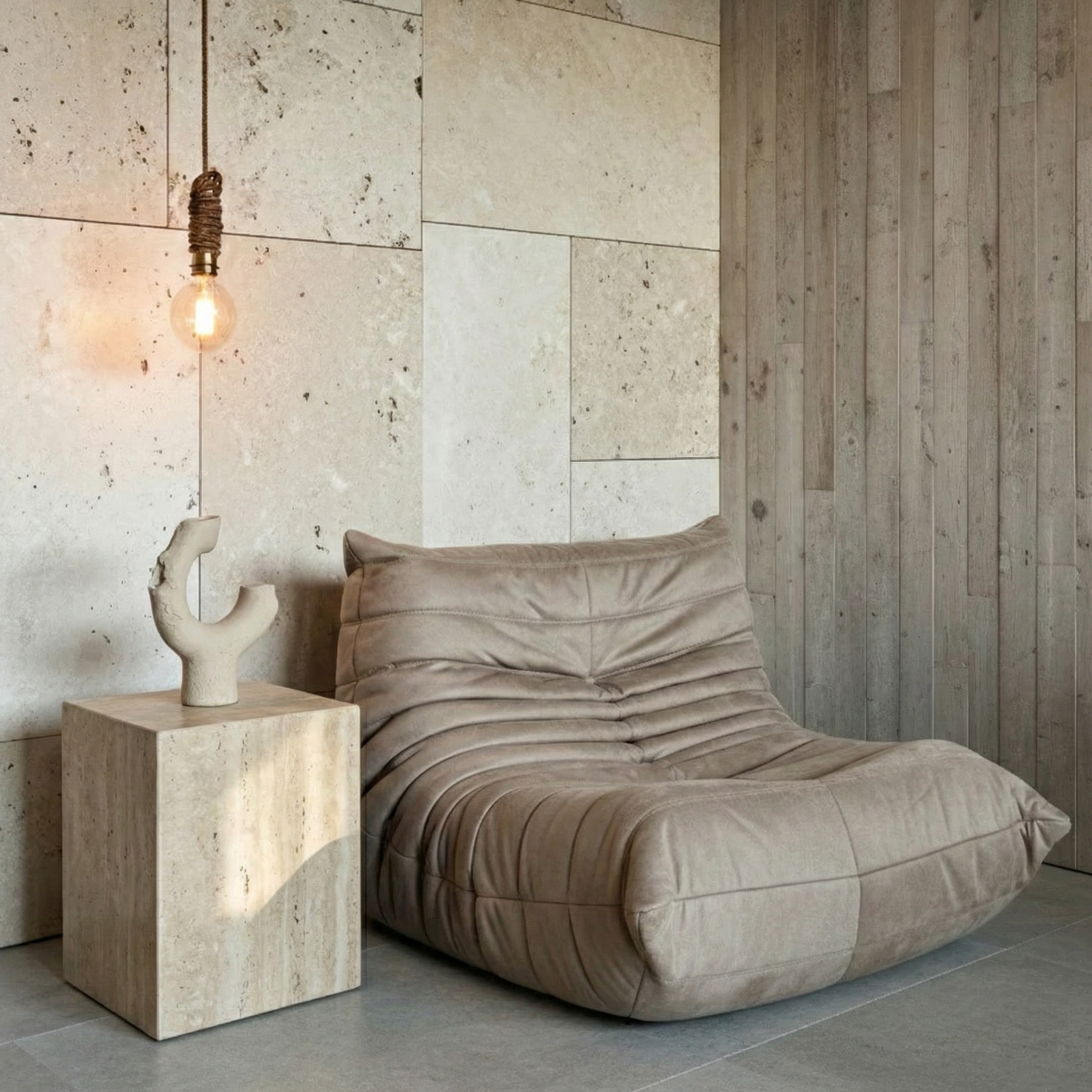 Beige Togo accent chair in a room with wooden walls and a light fixture. Pair with a travertine pattern side table. 