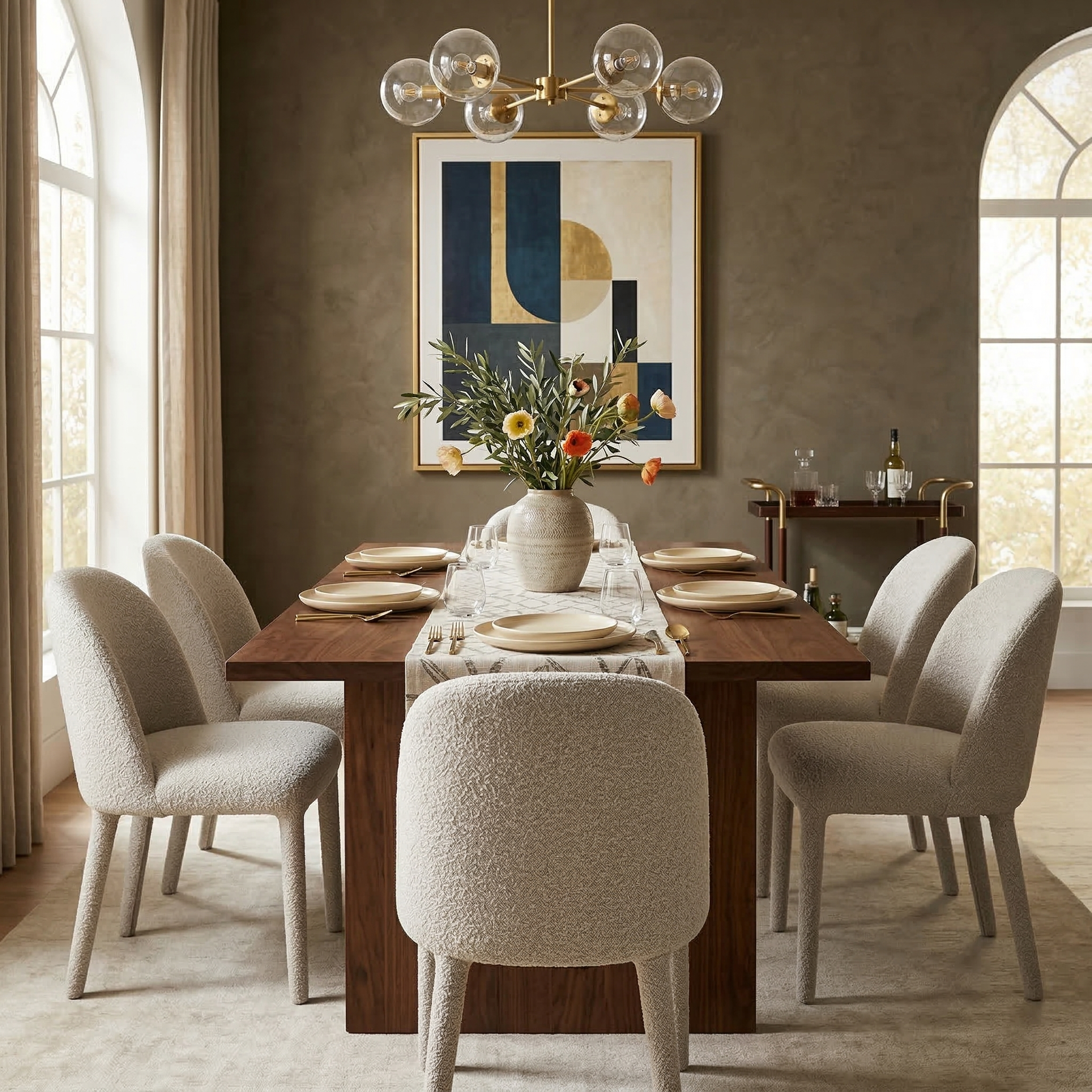 Six textured beige Myla dining chairs styled around a rich dark wood rectangular dining table in an elegant dining room.