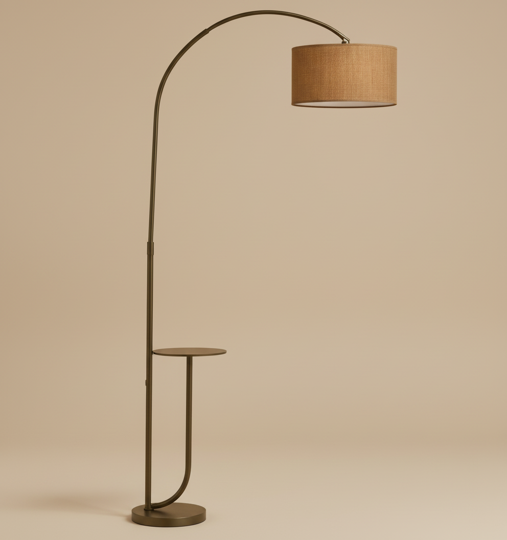 Noir Tray Curve Lamp featuring a curved metal stand with built-in side tray and warm fabric shade on beige background