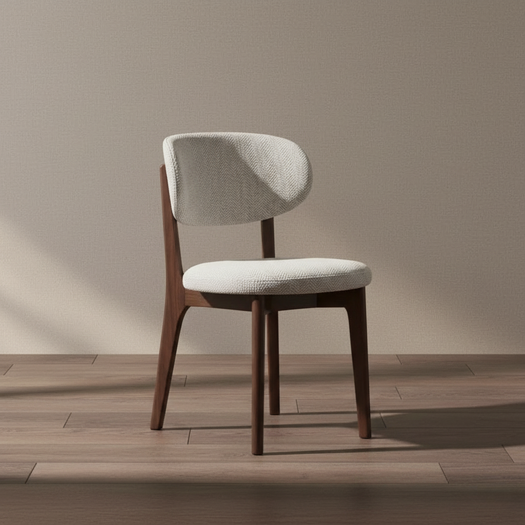 Nolan Linen Ash Wood Dining Chair with curved backrest and textured light upholstery on wood flooring