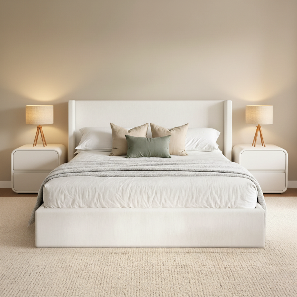 Modern bedroom with a white bed, nightstands, and lamps.