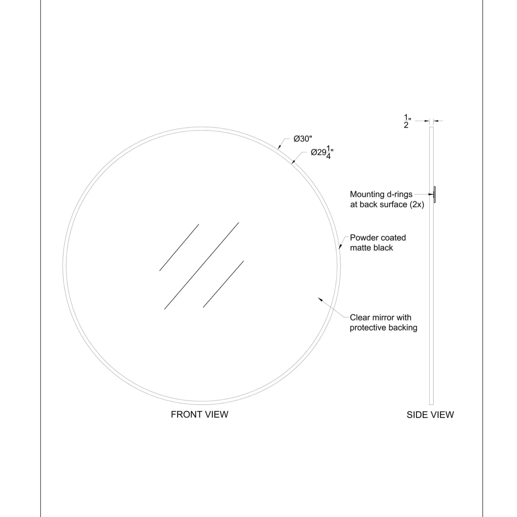 Dimension diagram of the Nova Wall Mirror showing front and side views with measurements and mounting details