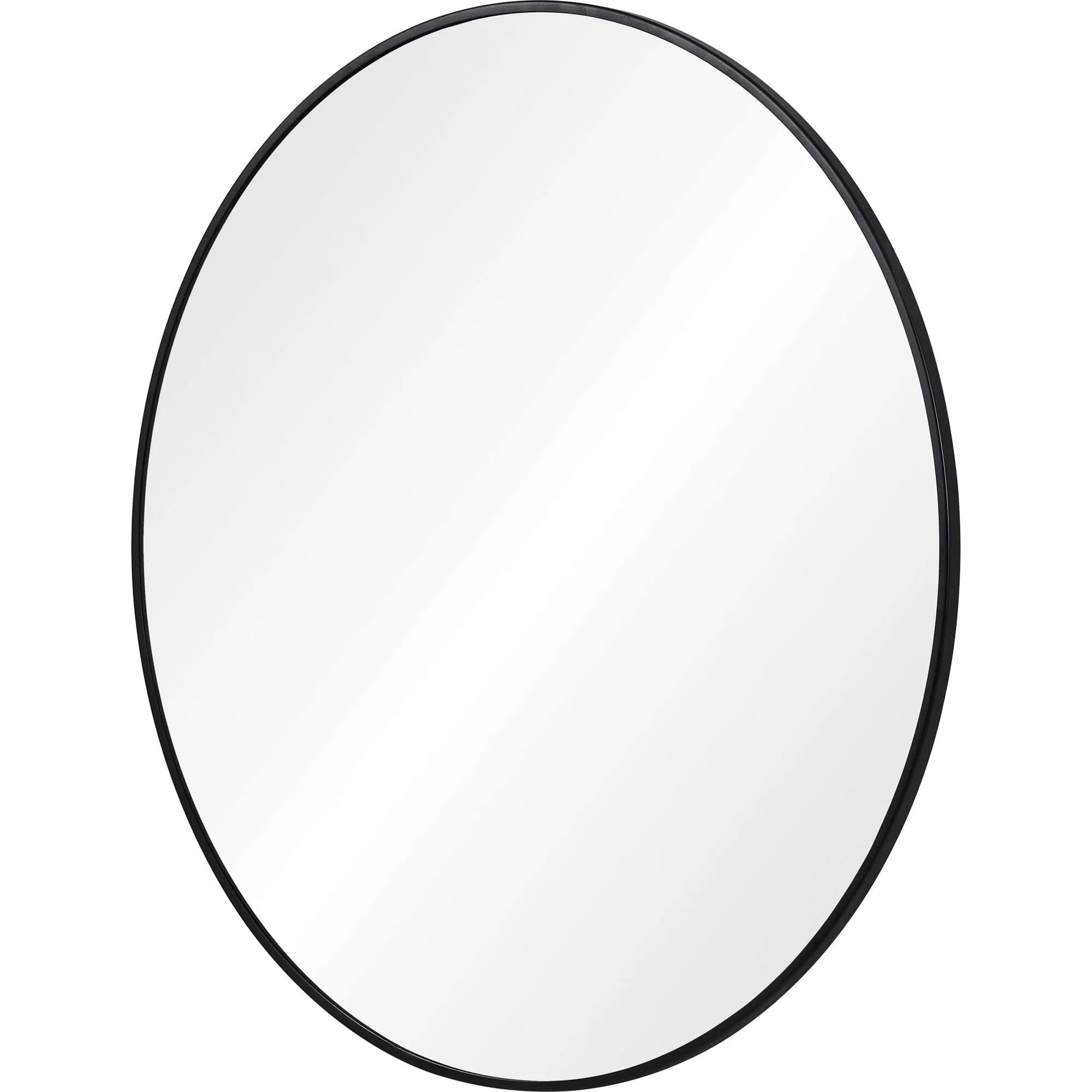 Nova Wall Mirror in a round shape with a slim black frame shown from an angled view