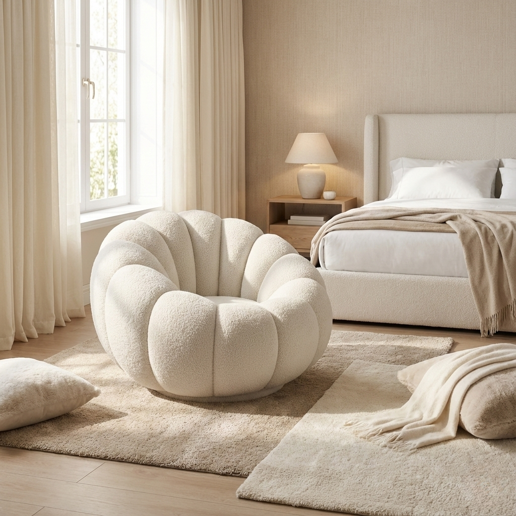 Ophelia Bouclé Swivel Accent Chair styled in a cozy bedroom, featuring a rounded silhouette and soft bouclé upholstery