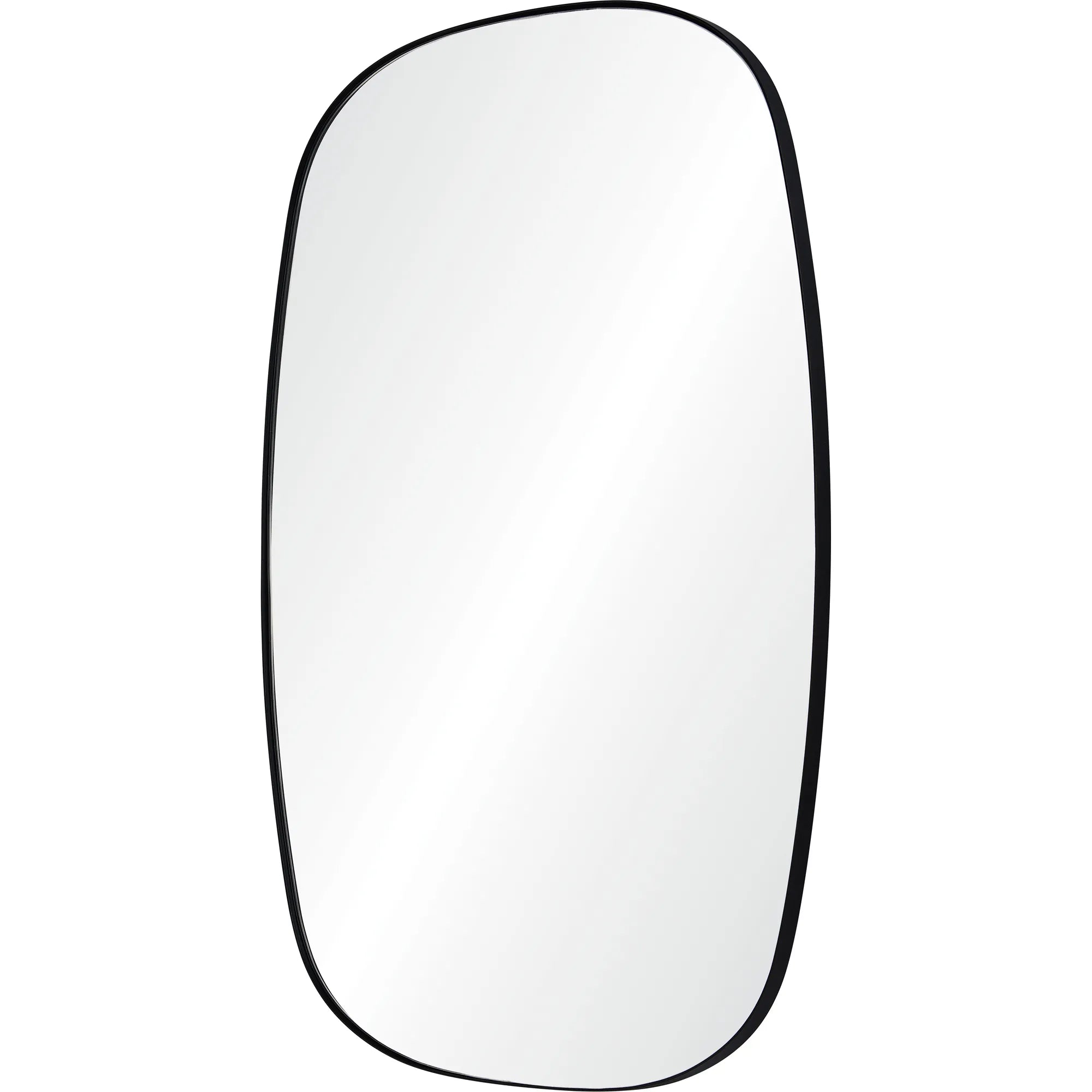 Orion Wall Mirror with an organic rounded rectangular shape and slim black frame on a white background
