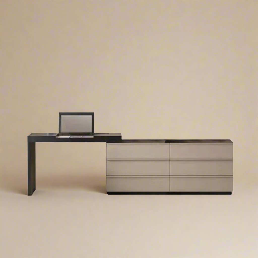 Full front view of the Ovela modern vanity and dresser combo featuring a black desk surface and six beige drawers, shown closed.