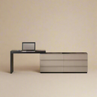 Full front view of the Ovela modern vanity and dresser combo featuring a black desk surface and six beige drawers, shown closed.