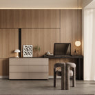 The Ovela makeup vanity with its dark wood top flipped open to reveal a mirror and divided jewelry storage compartments.