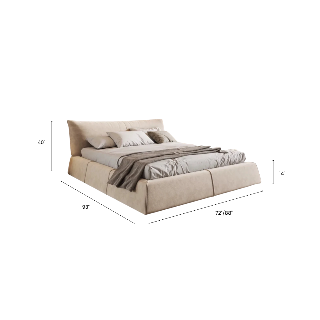Beige upholstered bed with dimensions labeled on a white background