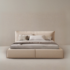 Paris Elegance Cream Platform Bed with plush cushioned headboard and layered bedding on beige studio background