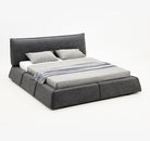 Paris Elegance Grey Platform Bed featuring sleek low profile frame and padded headboard in modern minimalist design