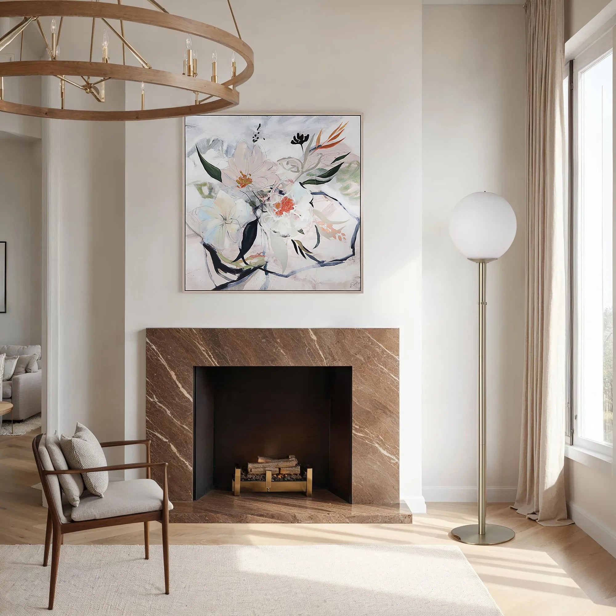 Pearl Glow Floor Lamp with white globe shade and brass stand beside a fireplace in a modern living room.