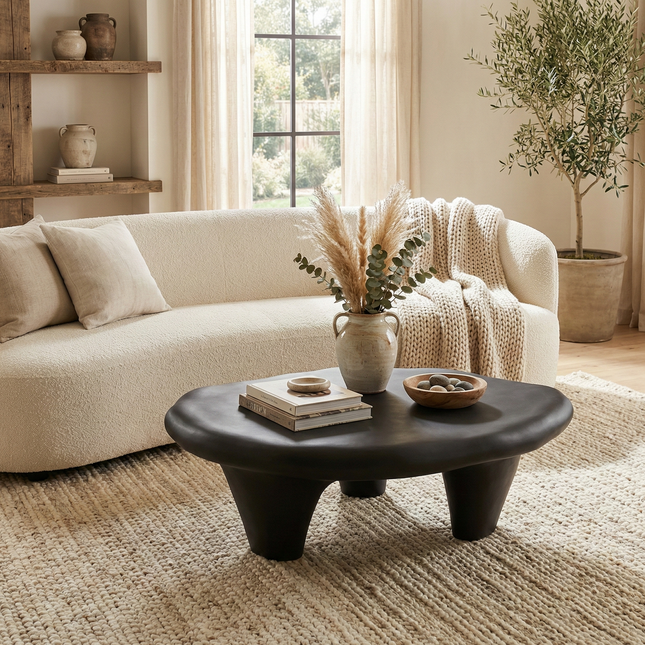 Black organic pebble coffee table styled in a neutral living room contrasting against a cream boucle sofa and jute rug.