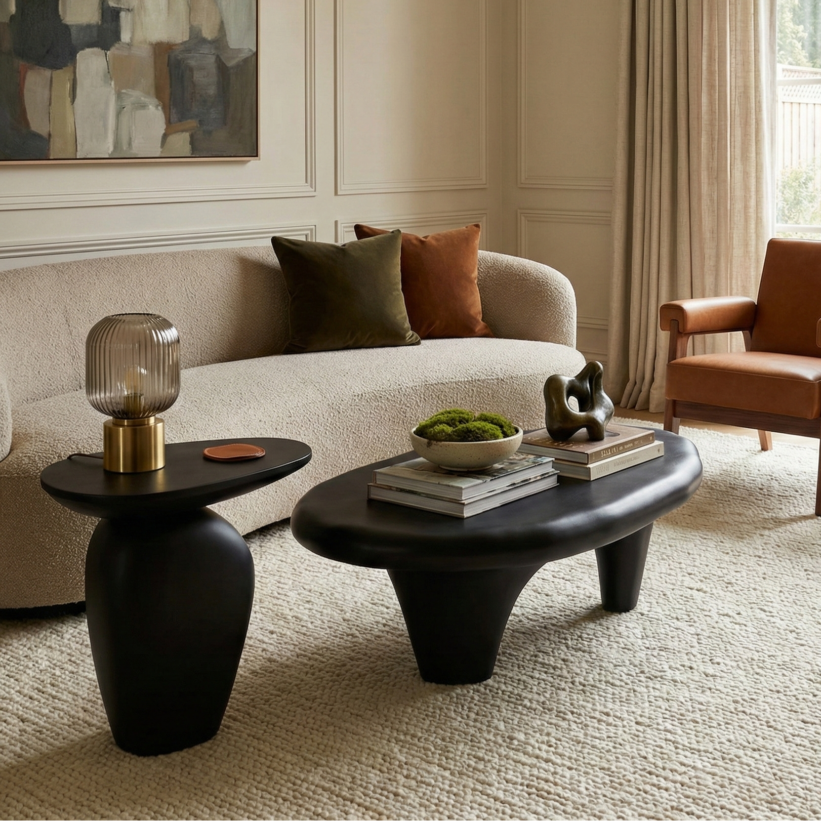 Black pebble coffee table set styled in a modern living room with a curved boucle sofa and mid-century leather chairs.