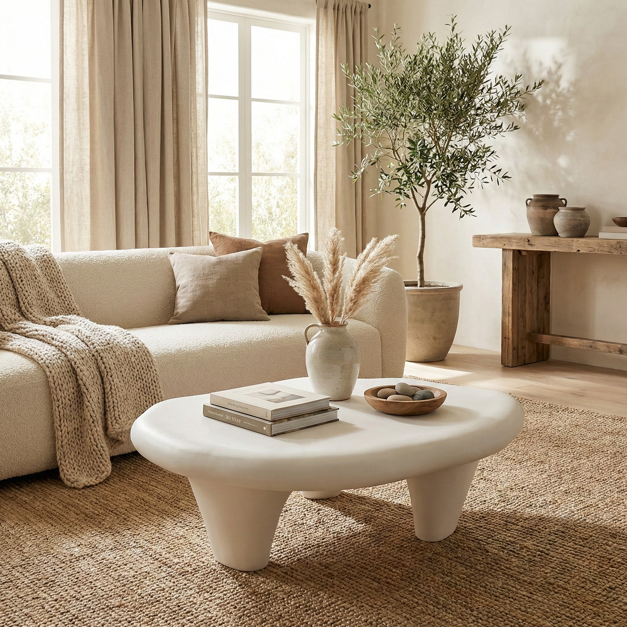 White organic coffee table styled in a bright Scandinavian living room with linen curtains and an olive tree.