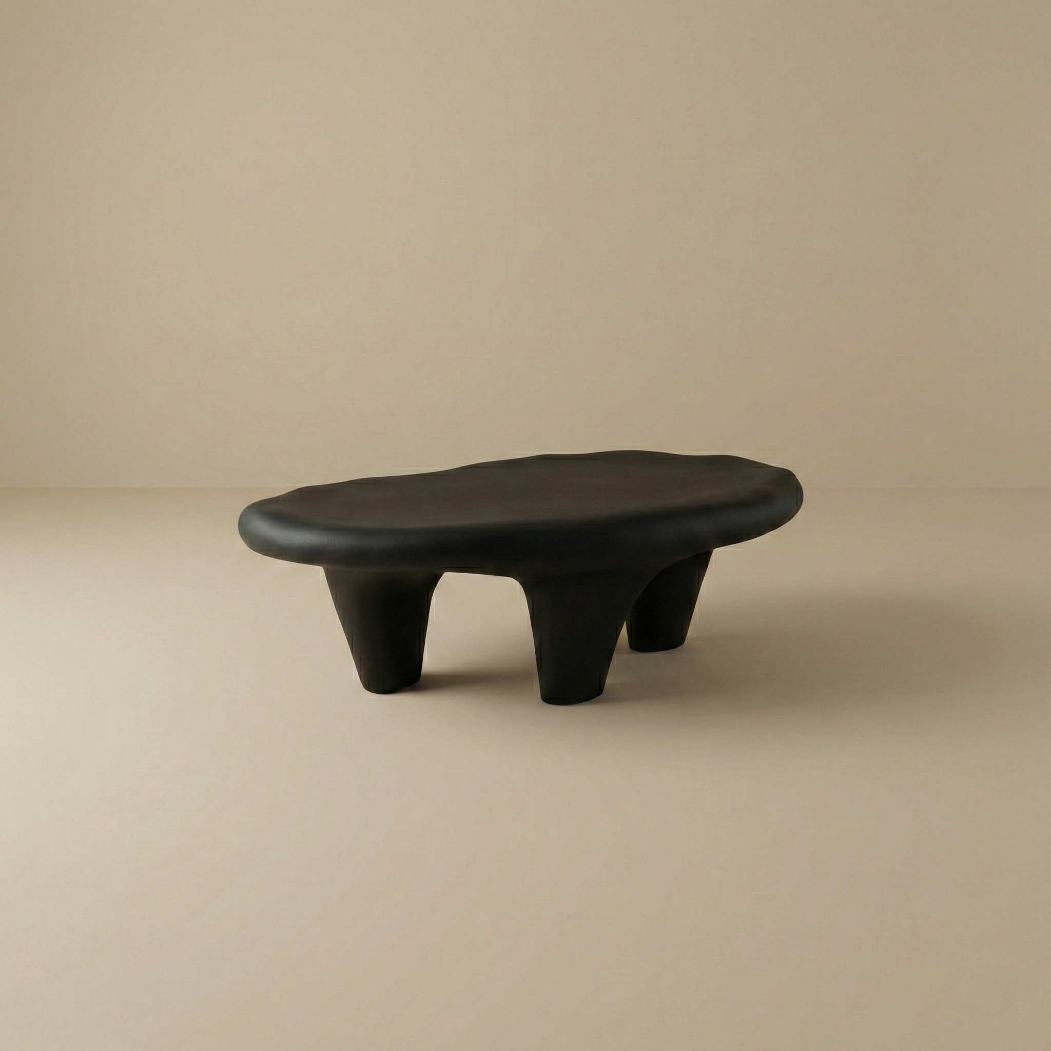 High angle view of the black pebble coffee table showing its asymmetrical river stone silhouette.