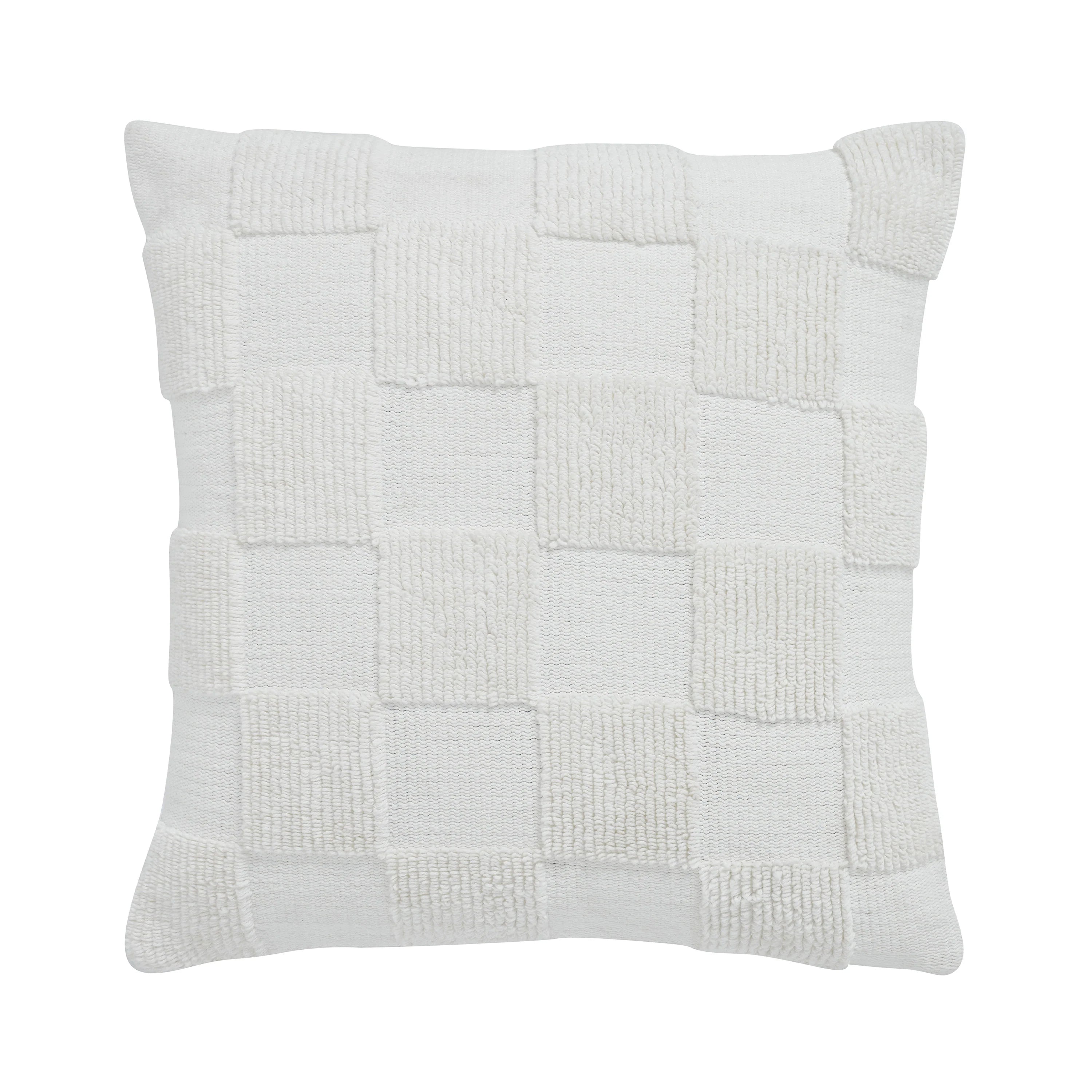 Full front view of the square Piper throw pillow featuring a tonal cream knitted checkerboard pattern.