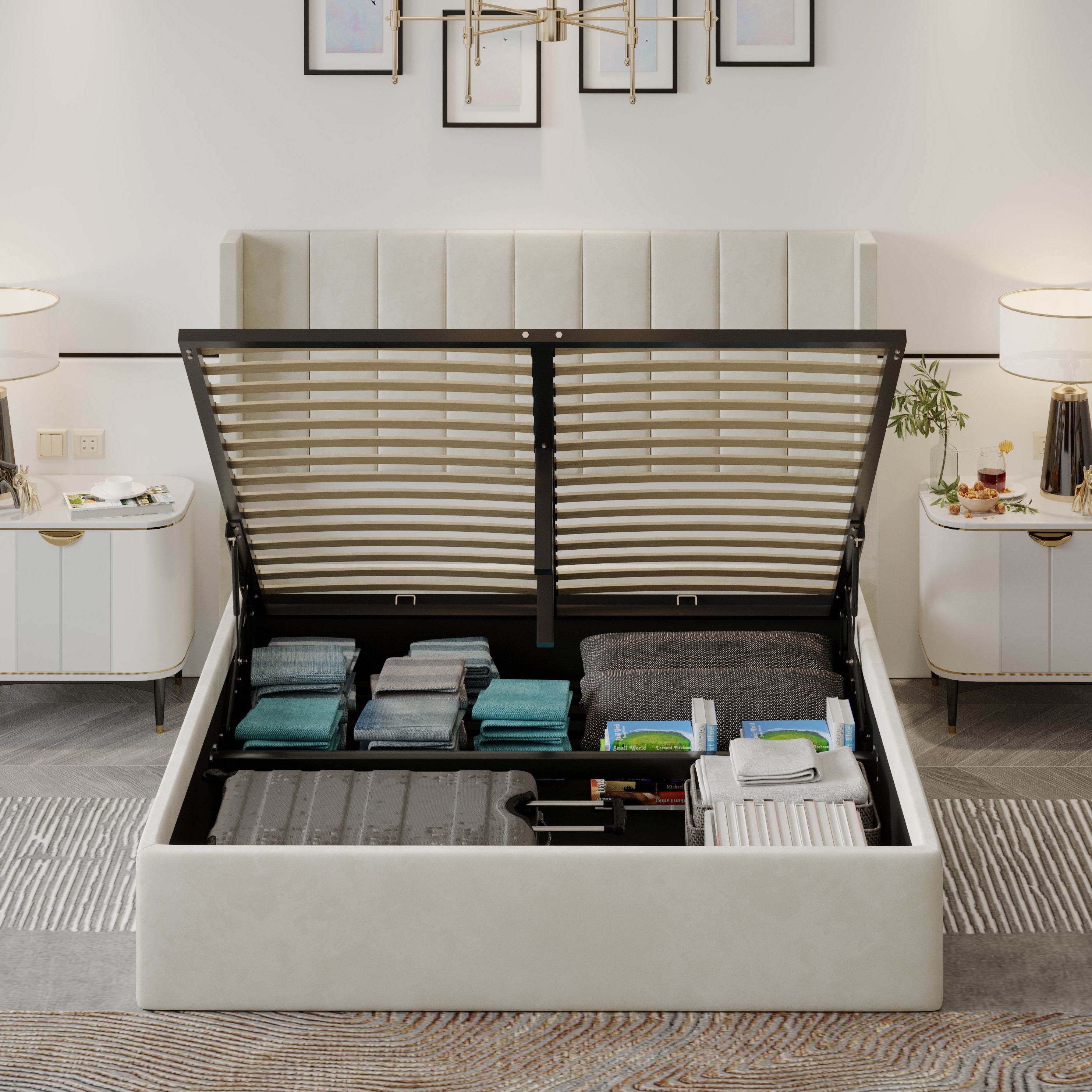 Plush Velvet Storage Bed with lifted hydraulic storage compartment showing neatly folded linens and pillows in a modern bedroom