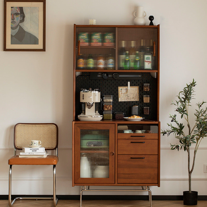 Rustic Coffee & Kitchen Sideboard with sliding glass doors, drawers, and upper storage used as a home coffee station.