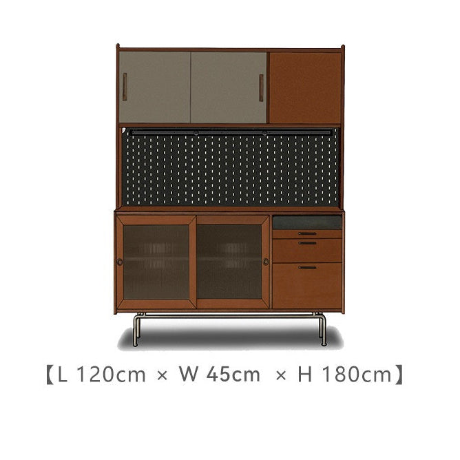 Rustic Coffee & Kitchen Sideboard with sliding doors, drawers, and upper storage shown with size dimensions L120cm W45cm H180cm.