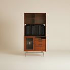 Rustic Coffee & Kitchen Sideboard with glass door cabinet, drawers, and upper storage shelves on slim metal legs.