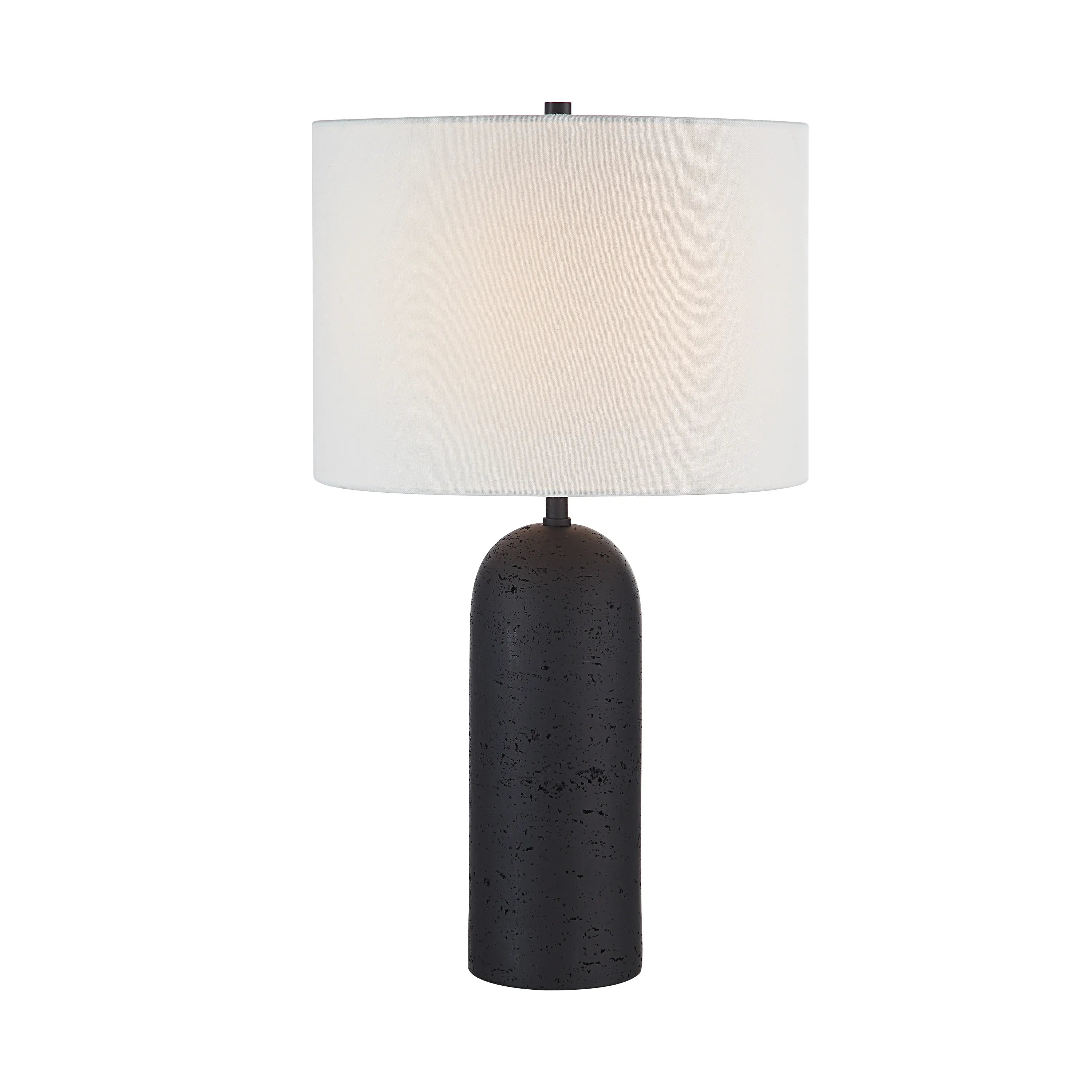Sienna Sculpted Table Lamp in black with textured ceramic base and white fabric shade on plain white background
