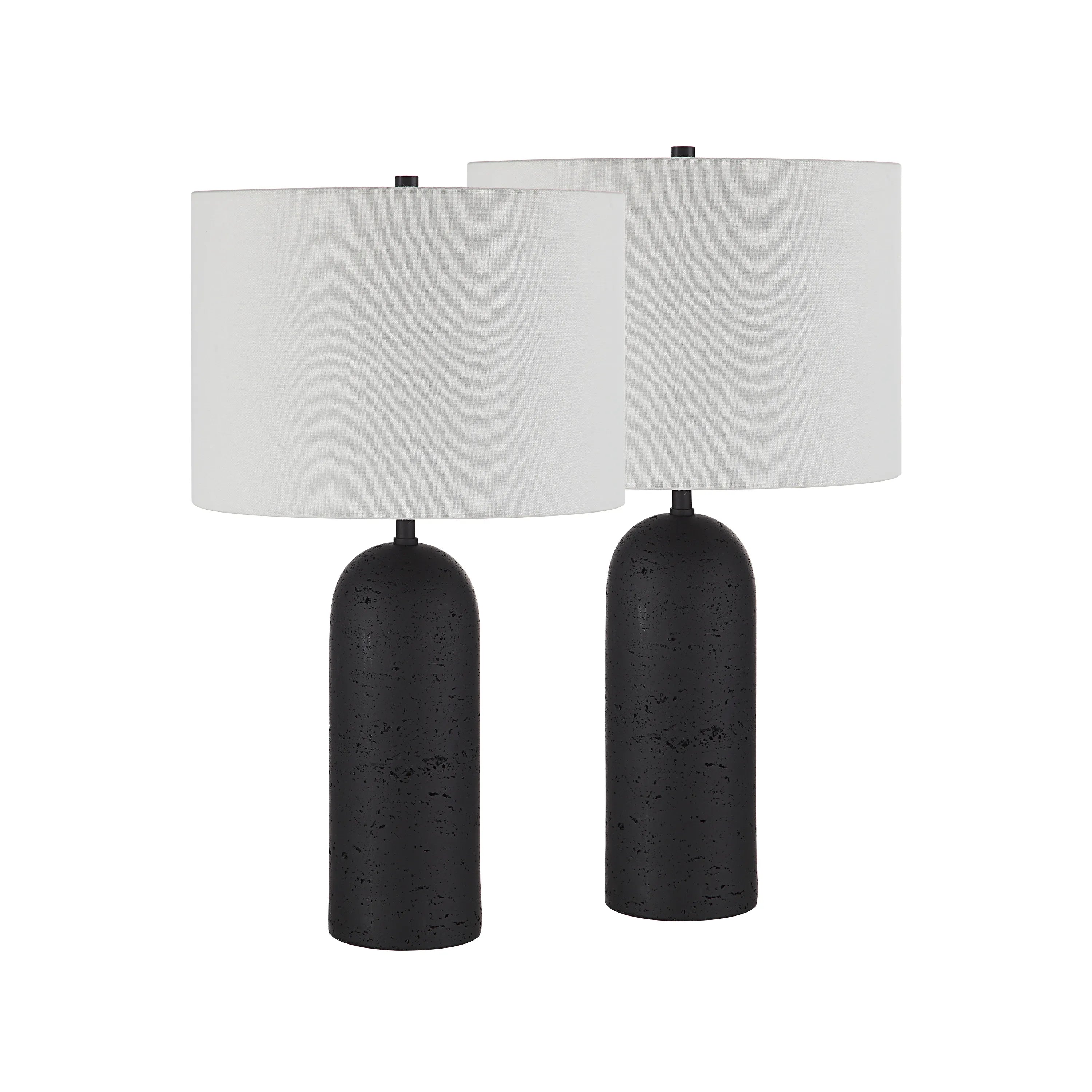 Pair of Sienna Sculpted Table Lamps in black with textured bases and white fabric shades on white background