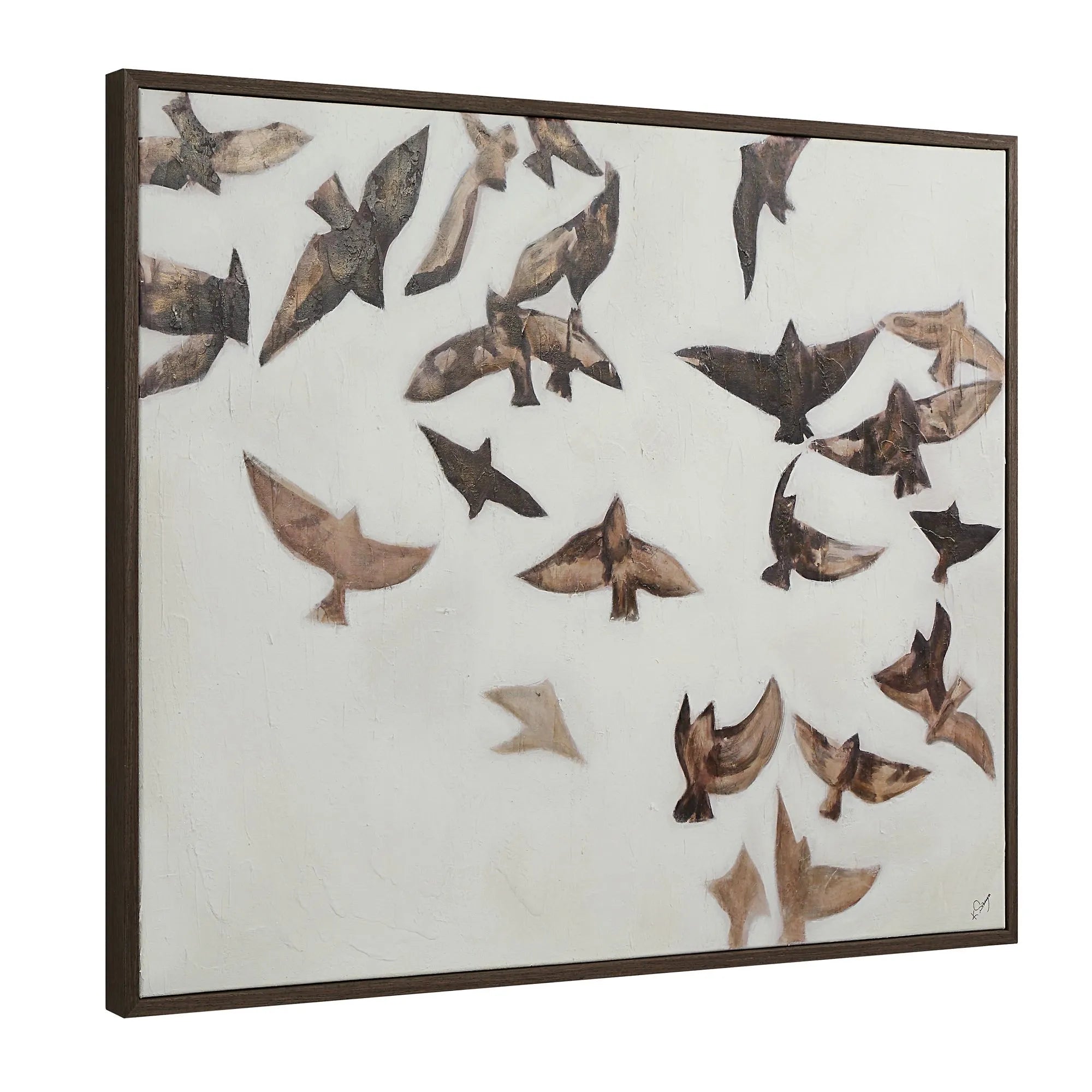 Angled side view of Silent Flight canvas art showing textured brushstrokes and brown floating frame depth.
