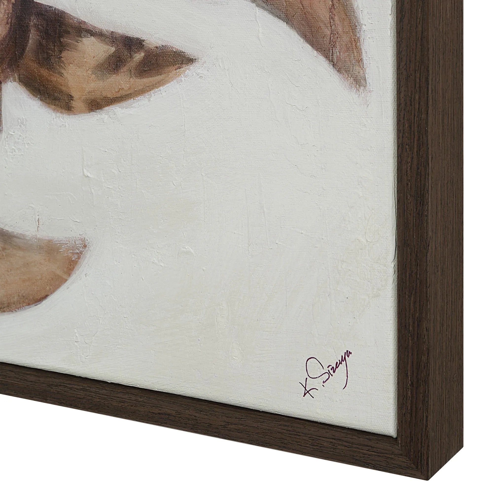 Corner detail of Silent Flight painting showing the artist signature K. Sizaya on the textured canvas.