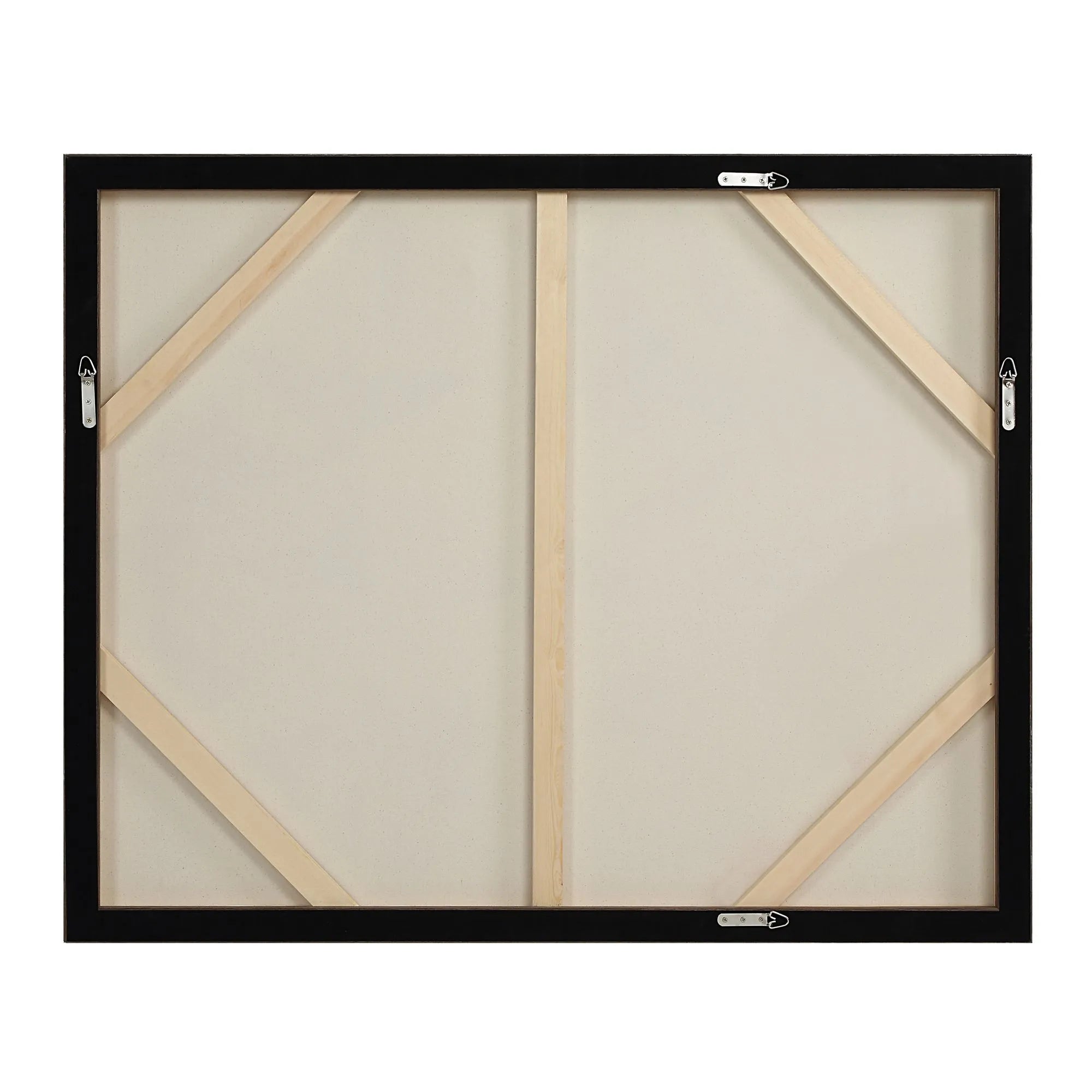 Back view of Silent Flight canvas showing sturdy wooden stretcher bars and pre-installed D-ring hanging hardware.