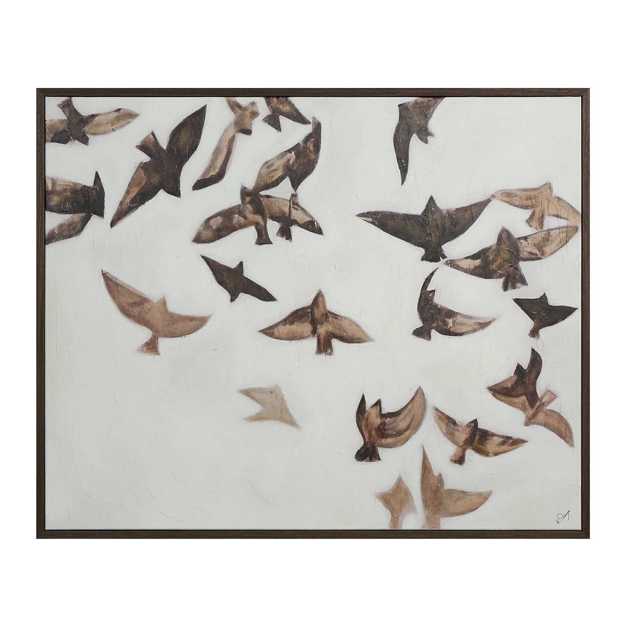 Silent Flight hand-painted wall art featuring an abstract flock of brown birds on a textured white canvas.