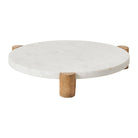 Siona Marble Tray side view showing round white marble top supported by four natural wood legs