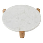 Top view of Siona Marble Tray featuring a smooth round white marble surface with wooden legs