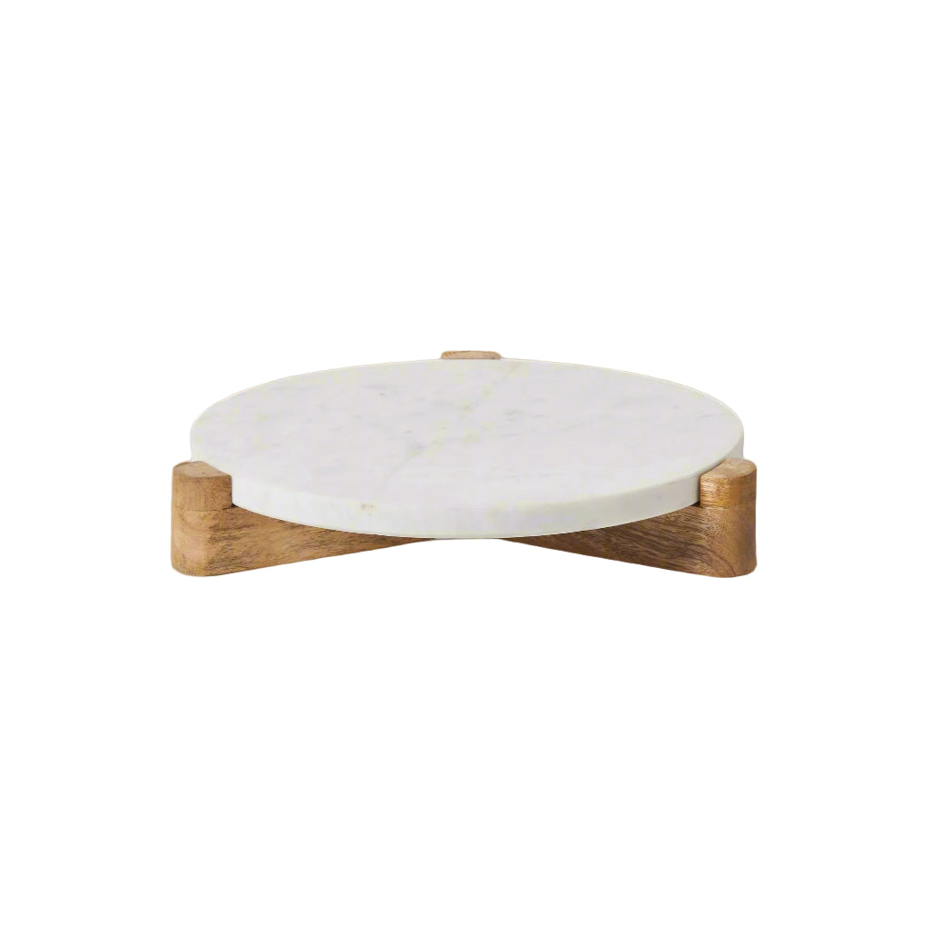 Siona Marble Tray featuring a round white marble top supported by a natural wood base in minimal studio background