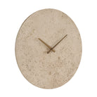 Front view of Solea Travertine Wall Clock featuring natural beige stone texture and brass clock hands