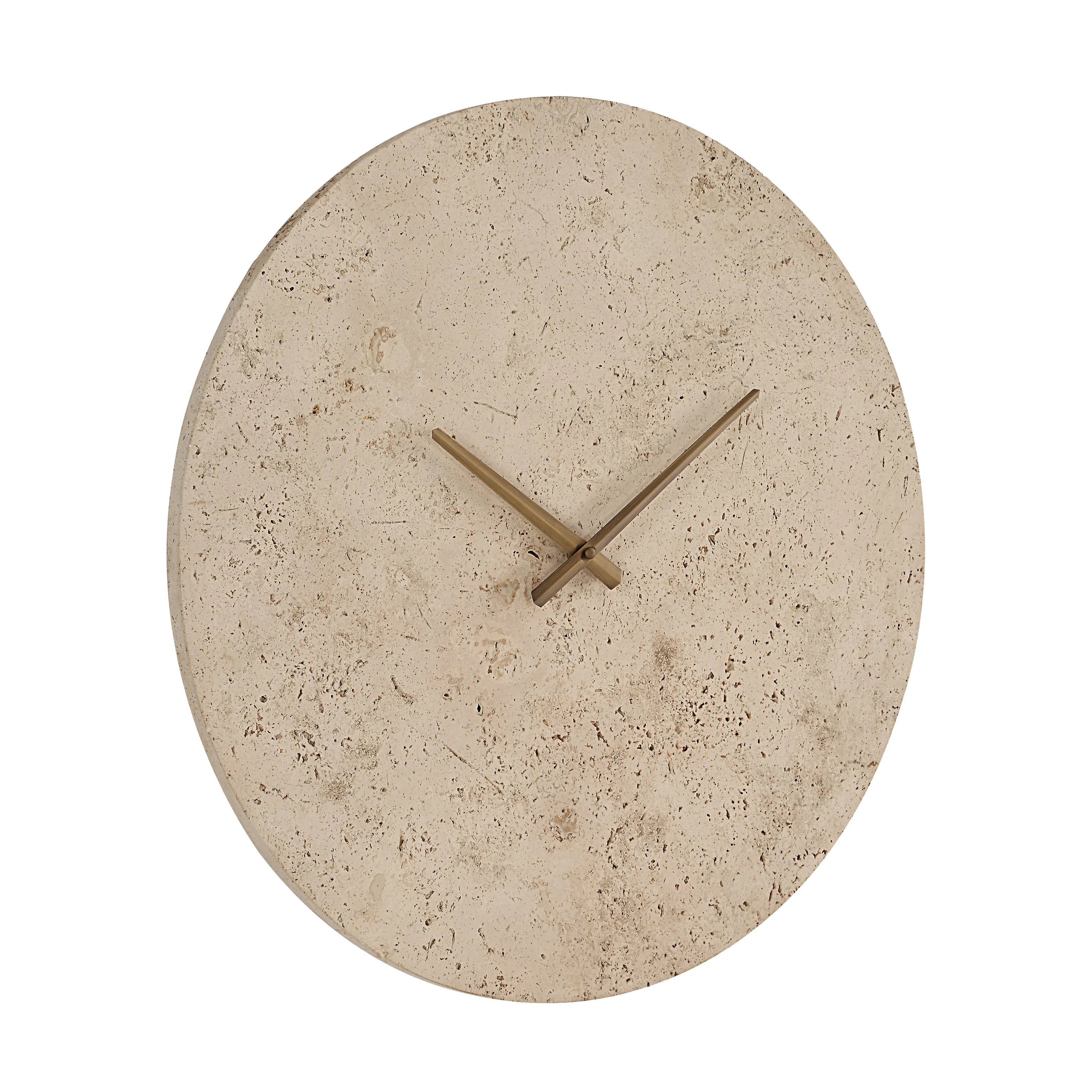 Front view of Solea Travertine Wall Clock featuring natural beige stone texture and brass clock hands
