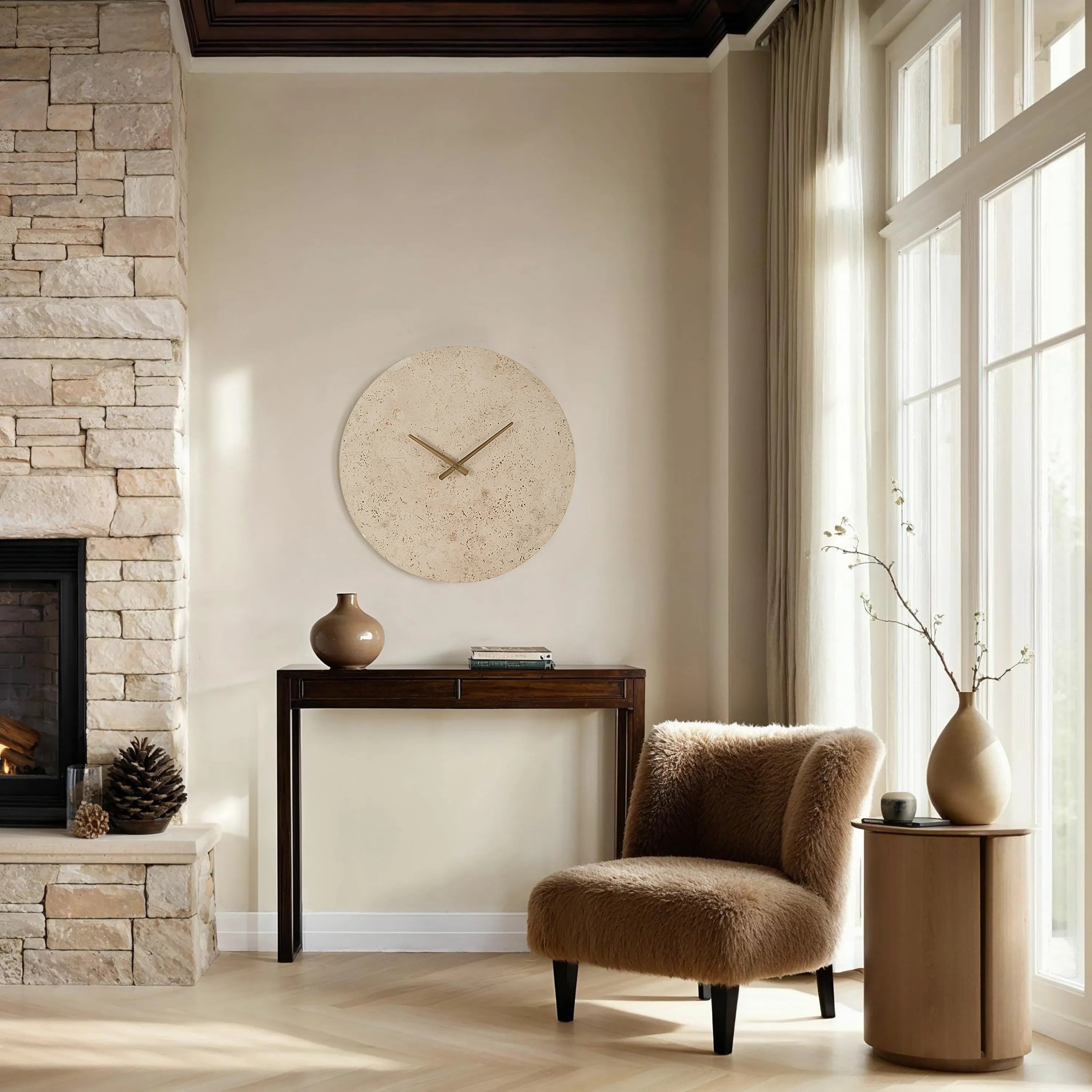 Solea Travertine Wall Clock styled in a cozy living room with brown accent chair and console table