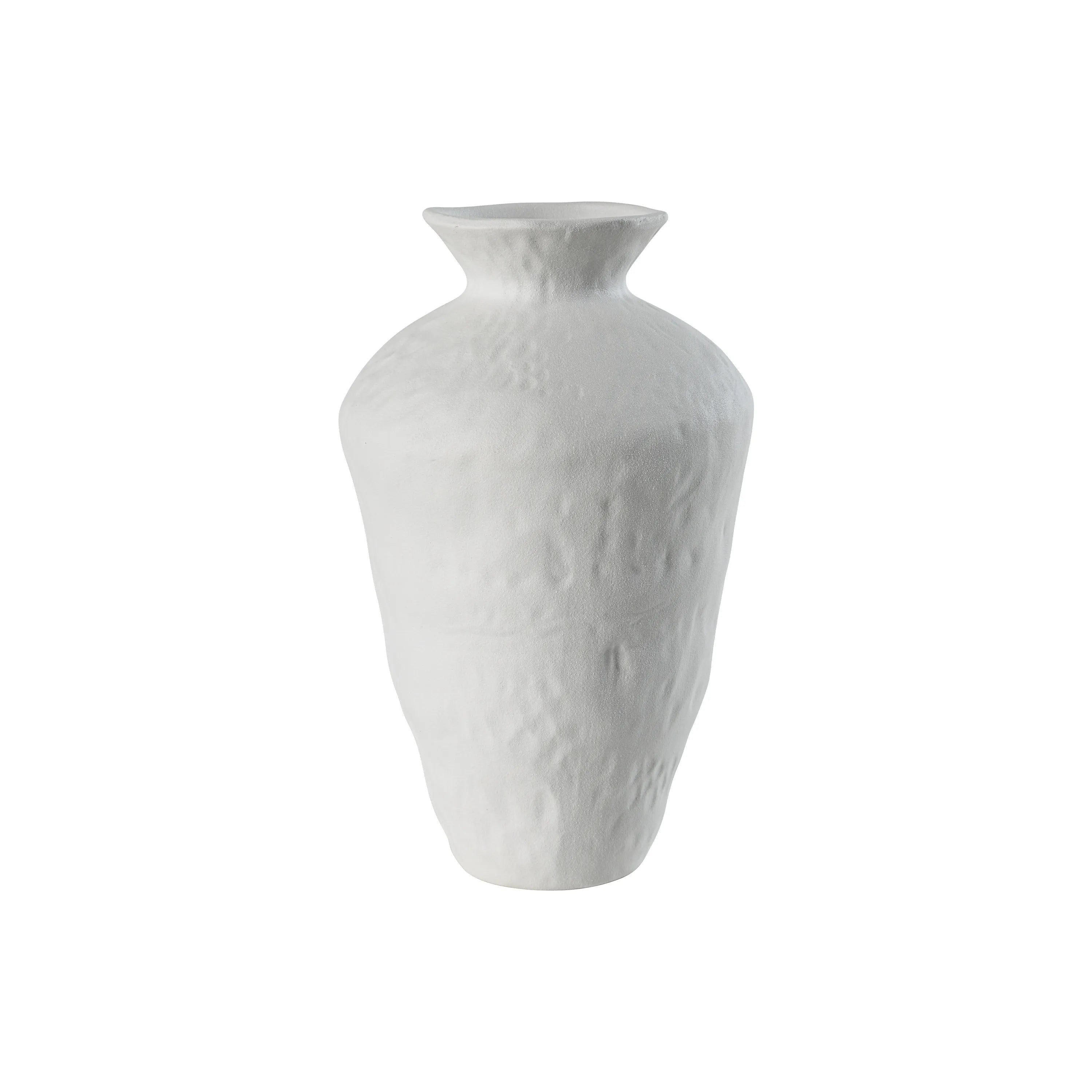 Solene Ceramic Vase with sculpted matte white finish and organic tall silhouette on studio background