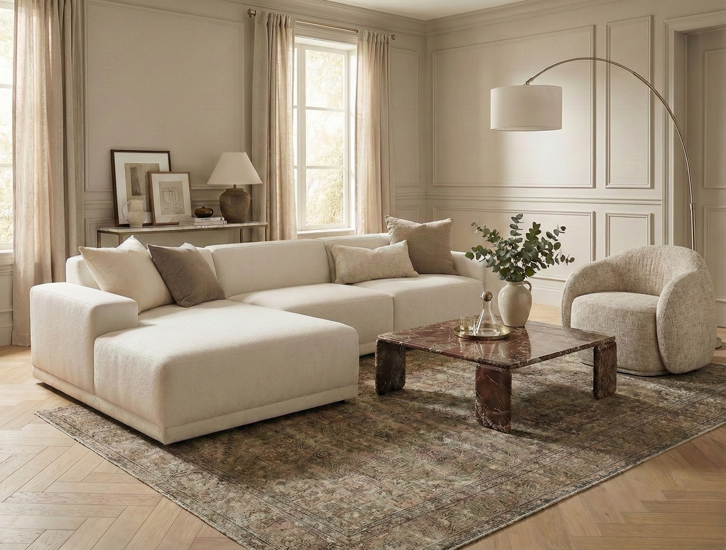 Solis beige linen modular sectional sofa styled in a warm neutral living room with a marble coffee table and vintage rug.