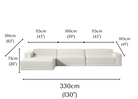 Dimensions diagram for Solis Linen Modular Sofa sectional showing total width 330cm and chaise depth 105cm.
