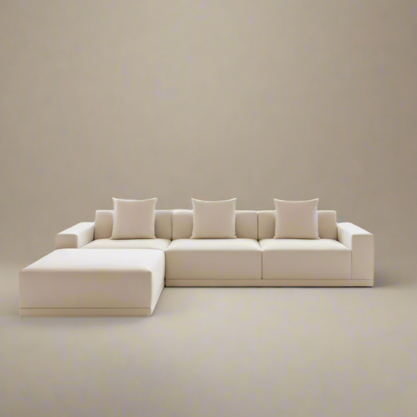 Solis Linen Modular Sofa in natural beige linen fabric with left chaise, modern minimalist design against neutral background