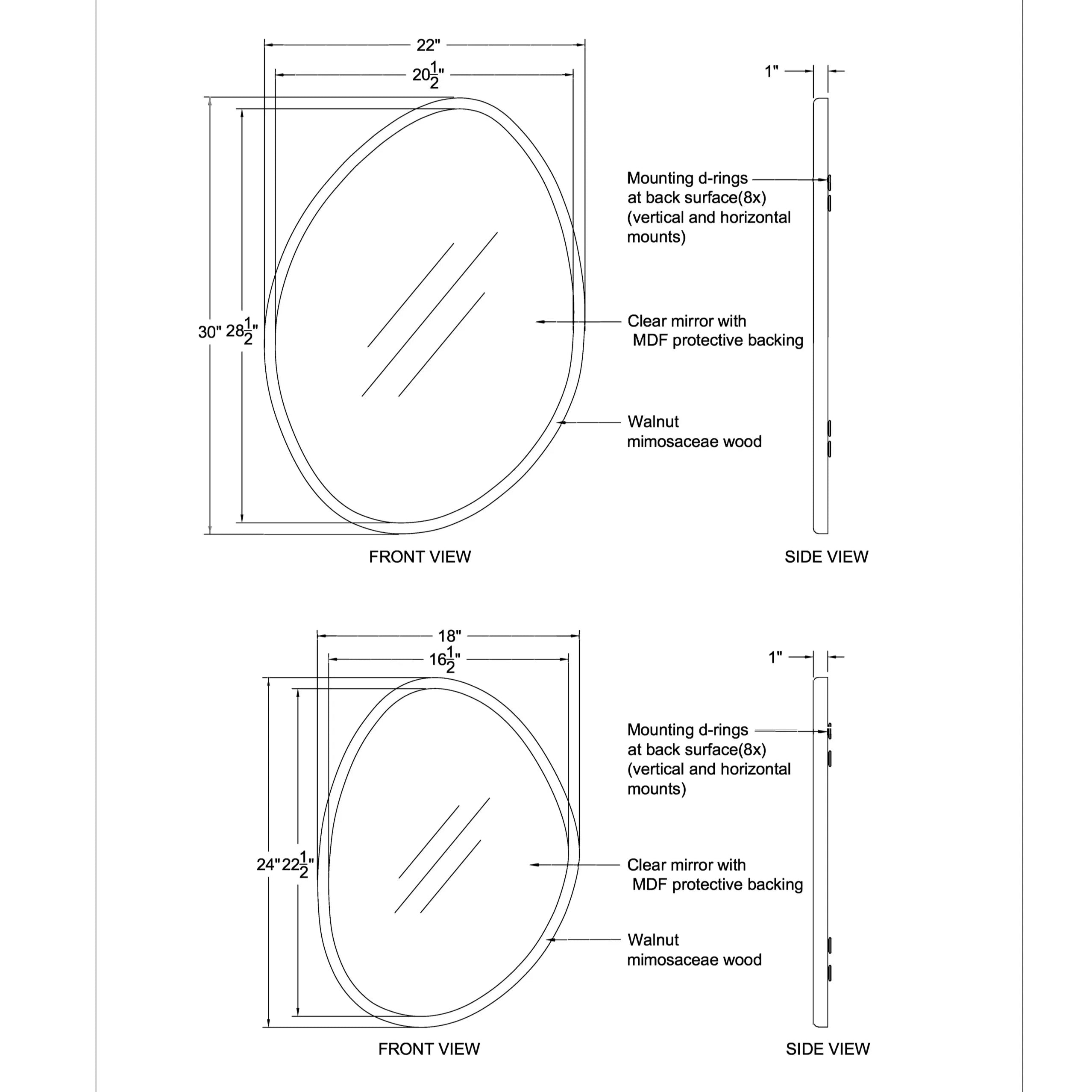 Technical drawing of the Solstice Wall Mirror Set showing dimensions, side view, and mounting details