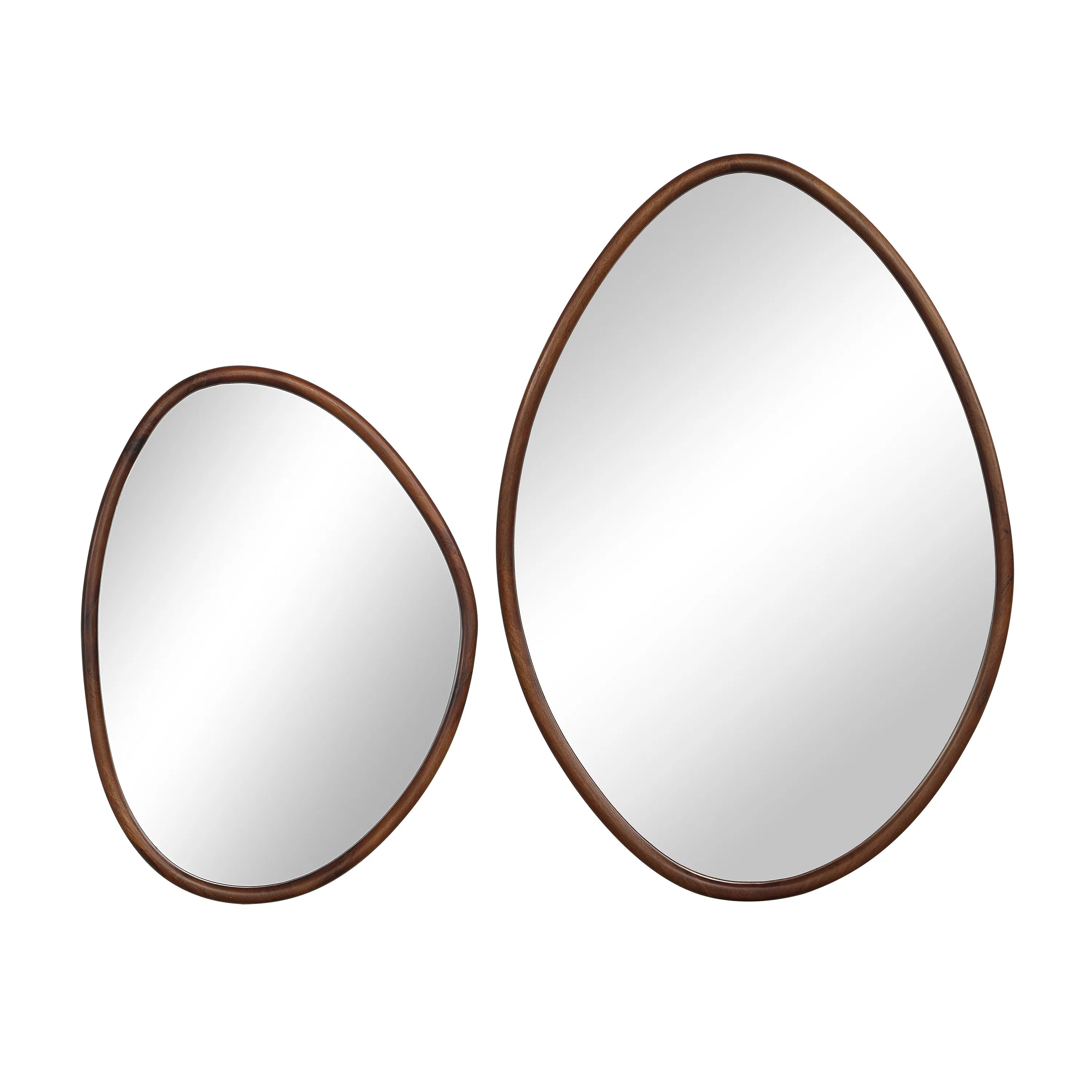 Set of two asymmetrical Solstice Wall Mirrors with warm wood frames in organic pebble shapes