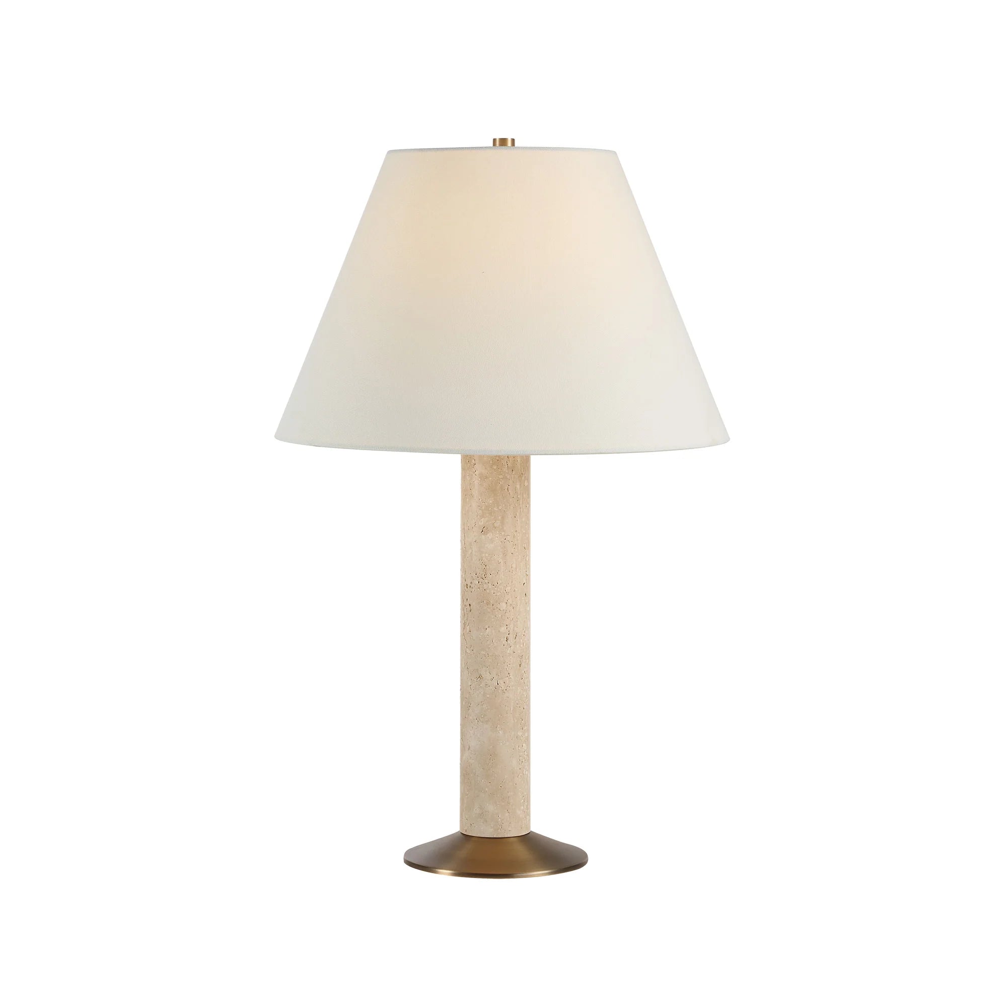 The lit Tivoli travertine table lamp against a white background, highlighting the warm glow through its white tapered shade.