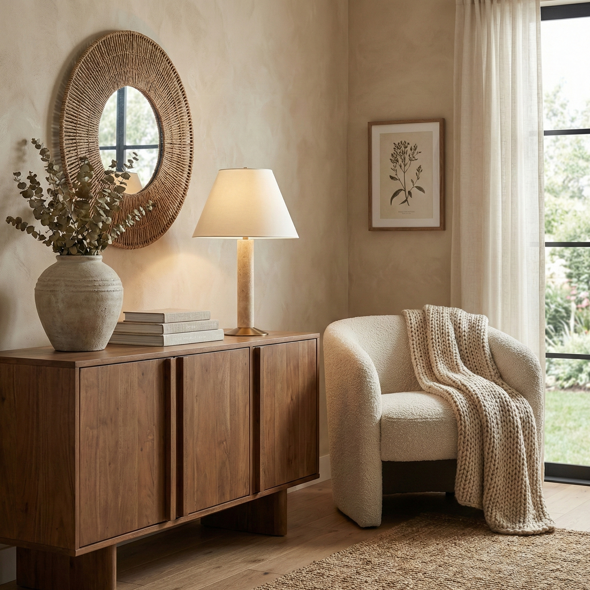 The illuminated Tivoli travertine table lamp styled on a wooden sideboard in a cozy living room with neutral decor.